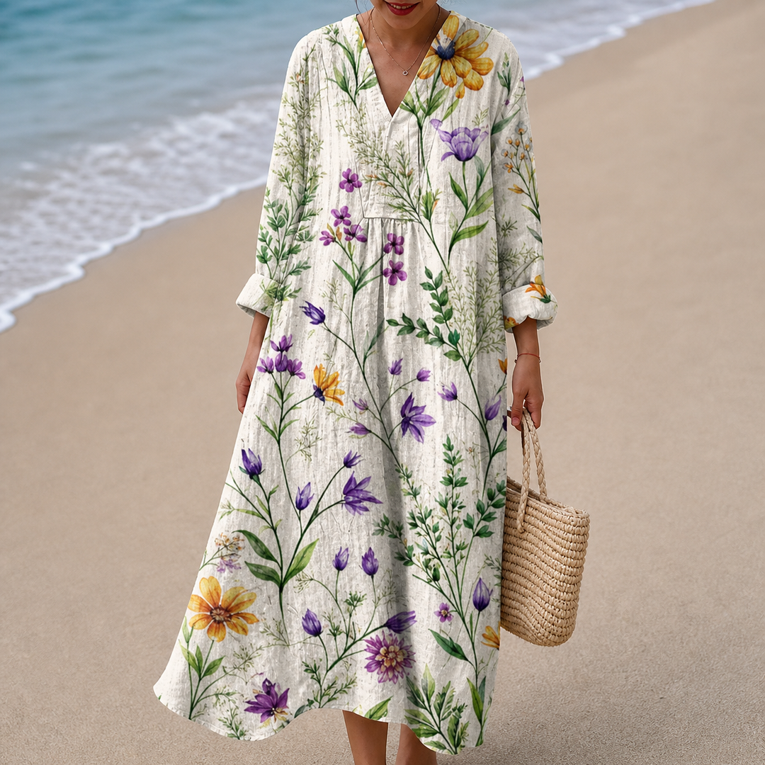 Vestido Blanco con Flores Moradas y Amarillas