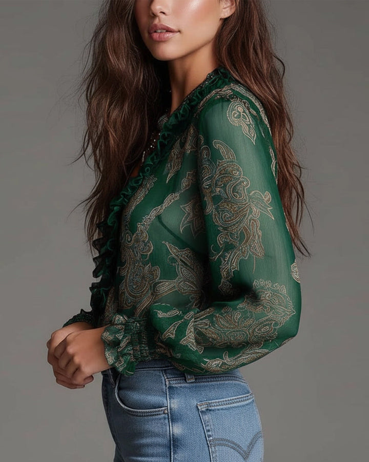 Blusa Demi-Zip Volante Retro