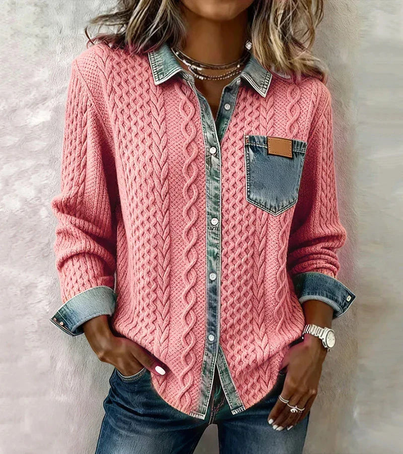 AMBRA - Sweater Estilo Patchwork con Detalles Denim